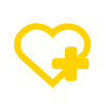 Heart icon with plus sign outlined in yellow and isolated on white background.