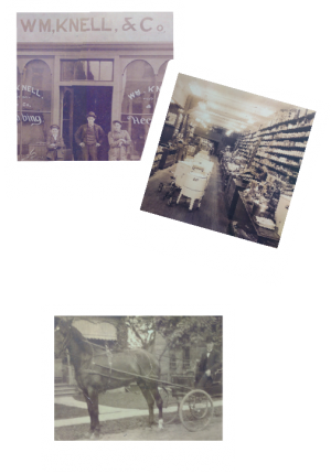 Three black and white photo's from original William Knell & Company Limited in 1906 - External storefront, showroom and horse drawn buggy and driver.