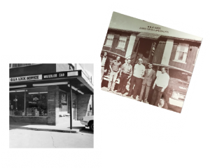 Two black and white photos of the exterior of G&A Lock Services LTD. One of the photos pictures 6 employees of the day (1967-1970)